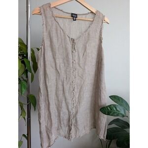 Eileen Fisher Italian linen top L sleeveless tunic beige tank embroidered button